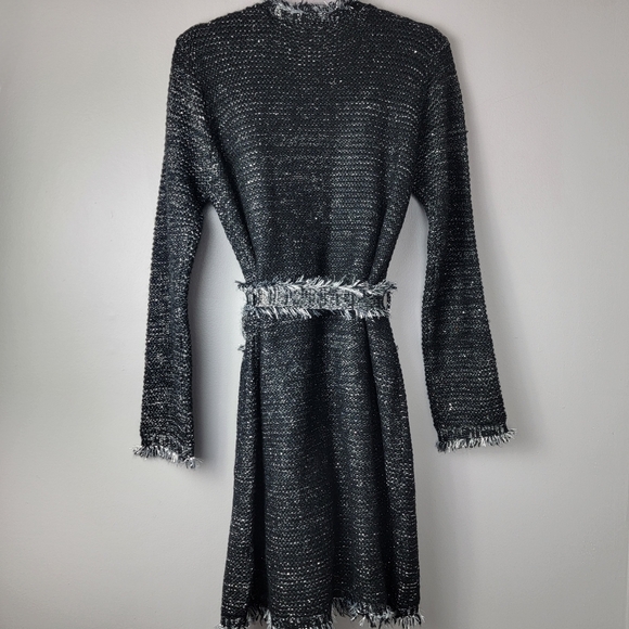 Carol Christian Women S Silver Knit Shiny Open Front Belted Sweater Coat Jacket - Picture 10 of 12